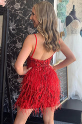 Hot Selling Sheath Spaghetti Straps Red Short Homecoming Dress with Feather